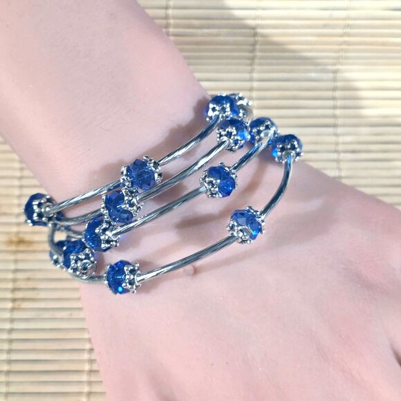 Handcrafted Crystal Wrap Bracelet With Blue Faceted Beads - Picture 6 of 7